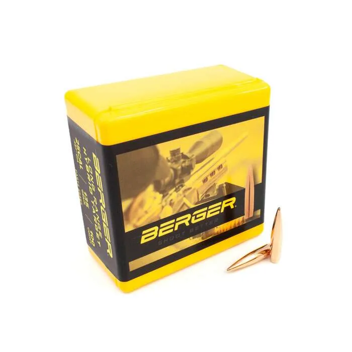 Berger Bullets offered by Precision Reloading in a bright yellow case showcasing high-quality precision ammunition