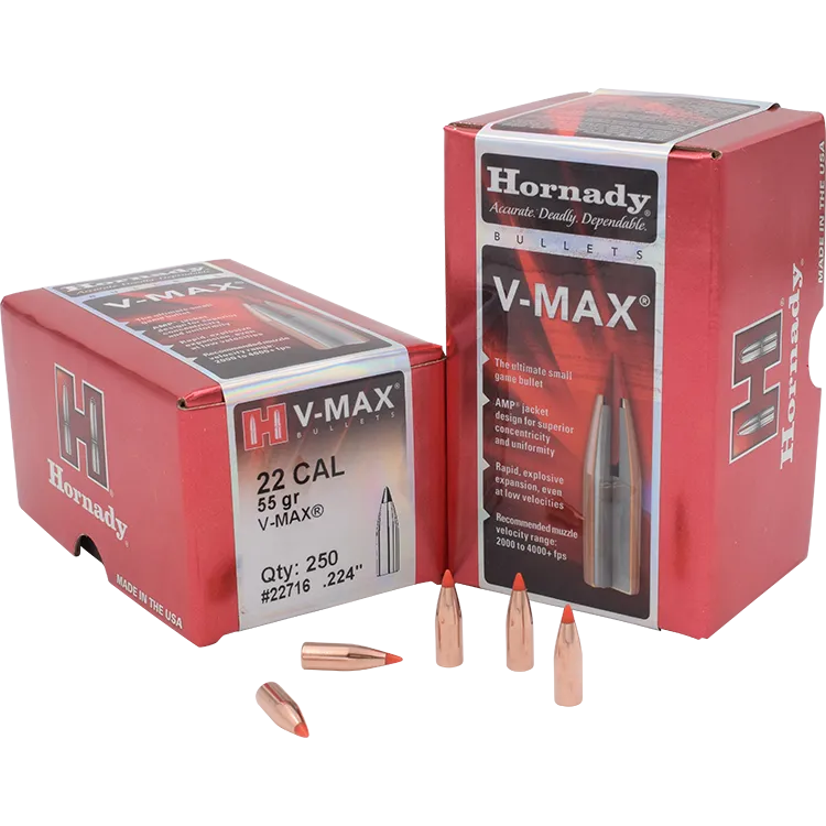 Red Hornady V-MAX .22 caliber 55 grain bullet boxes with several copper-tipped bullets displayed in front, product packaging and details visible, for Precision Reloading